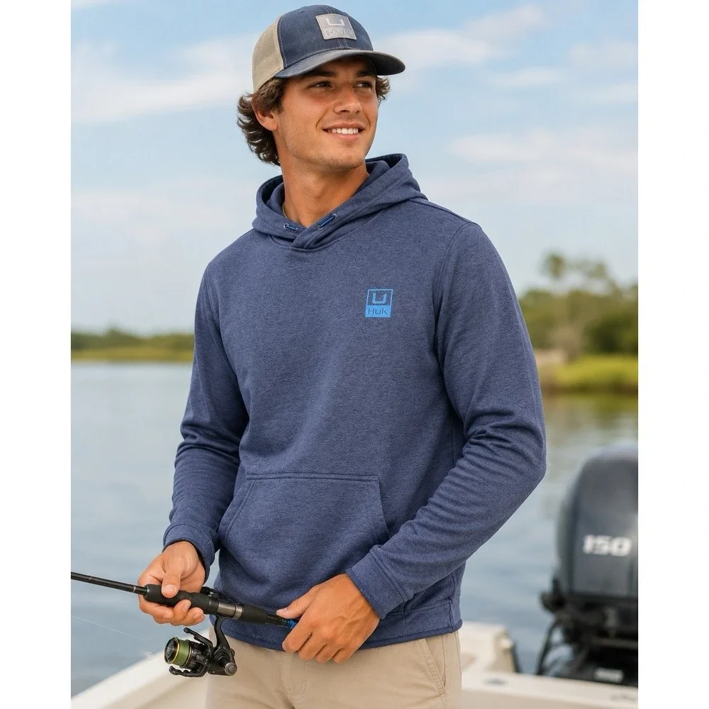 Huk Fishing Hoodie Heather Blue Performance Fleece Pullover Sweatshirt Outdoor S - Picture 2 of 12
